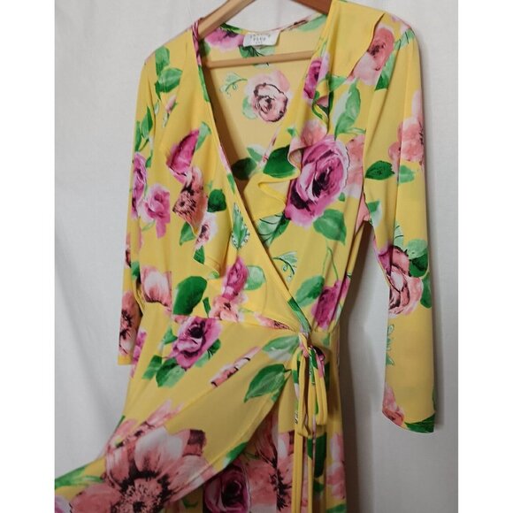 Janette Plus USA XL Dress Yellow Pink Floral Stretch Faux Wrap Midi Ruffle - Picture 3 of 8